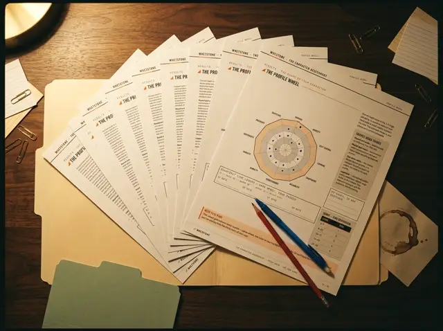The complete Whetstone set: every printed cover and worksheet fanned out on a walnut desk