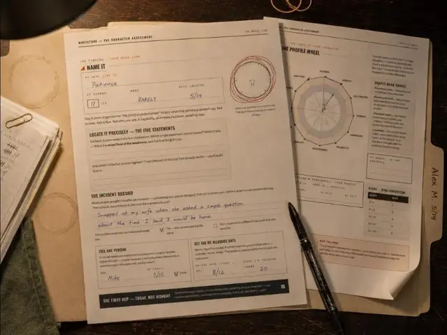 The Character Assessment — the printed cover and interior worksheet pages fanned out on a walnut desk