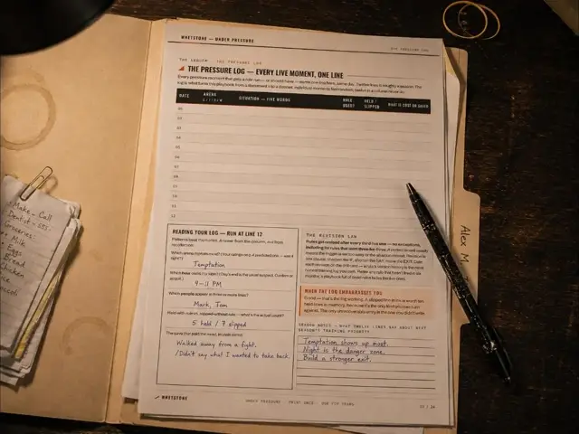 Under Pressure — the printed cover and interior worksheet pages fanned out on a walnut desk