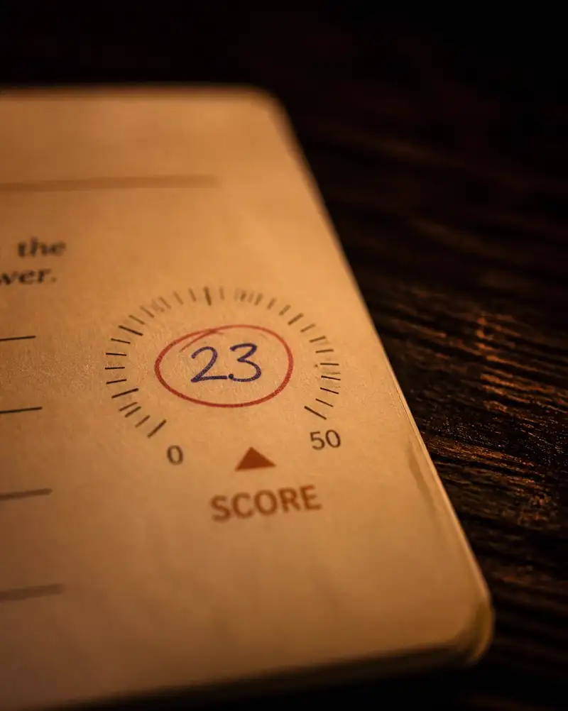 Macro of the circular score dial on a Whetstone page with a score written in and circled in red pencil