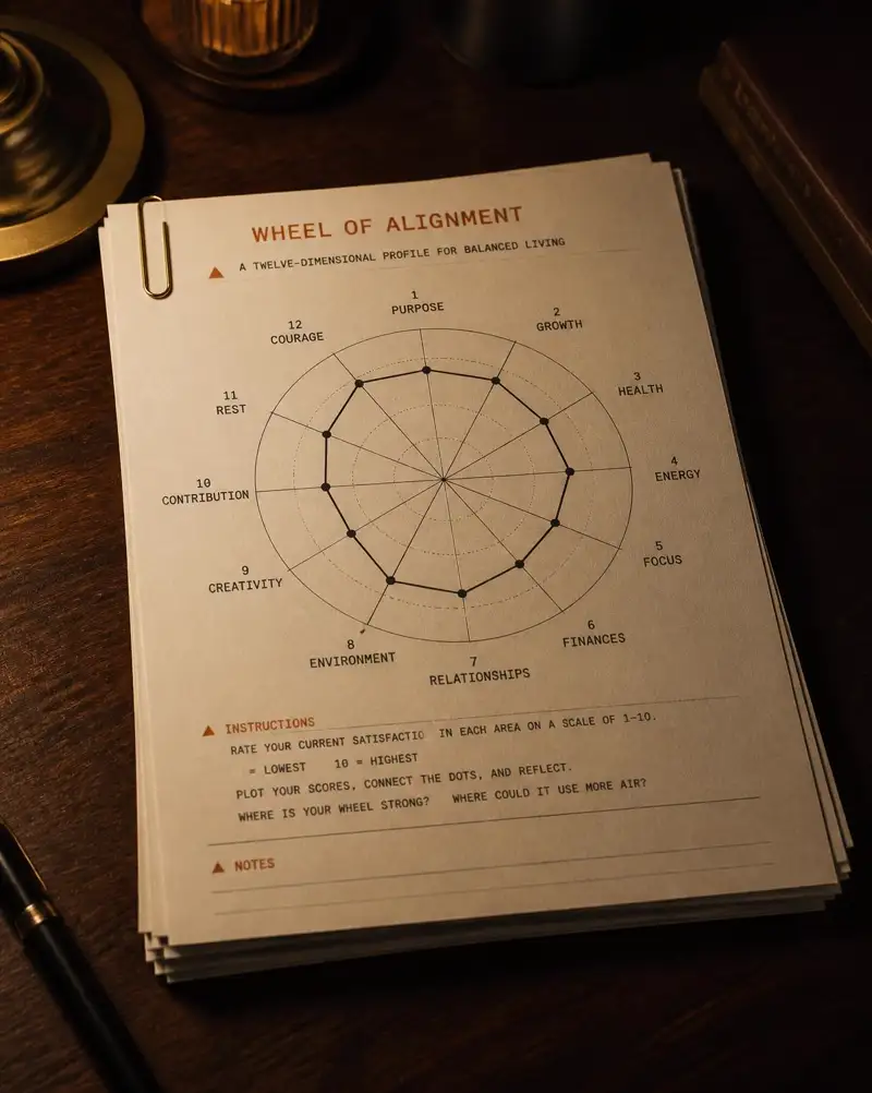 A paperclipped stack of printed Whetstone pages with the twelve-spoke profile wheel on top